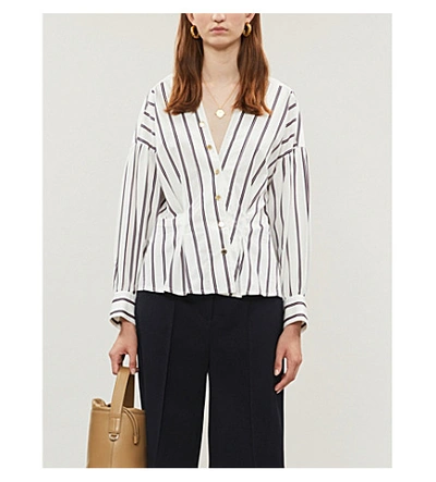 Shop Sandro Asymmetric-button Striped Cotton Shirt In White