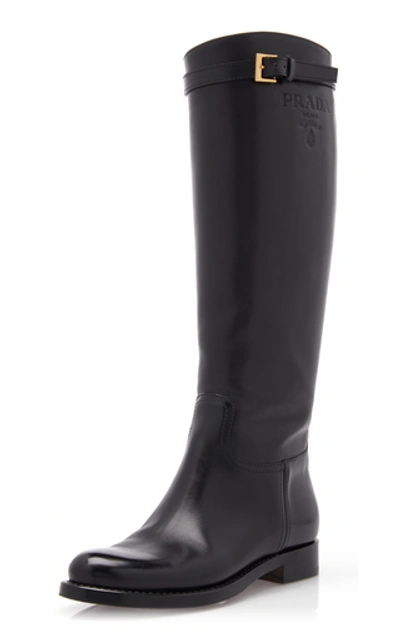 Shop Prada Leather Knee High Boots In Black
