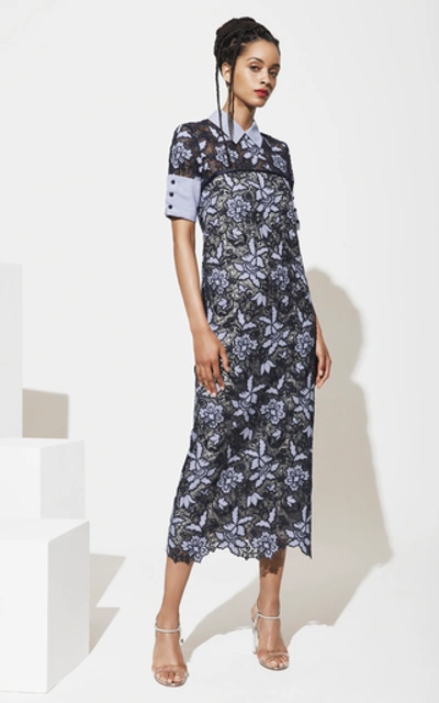 Shop Mi Jong Lee Collared Cotton-blend Long Shift Dress In Navy