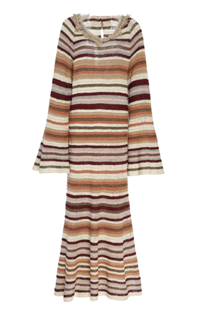 Shop Tuinch Striped Cotton-linen Knit Maxi Dress In Brown