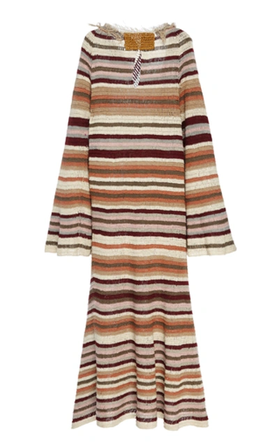 Shop Tuinch Striped Cotton-linen Knit Maxi Dress In Brown