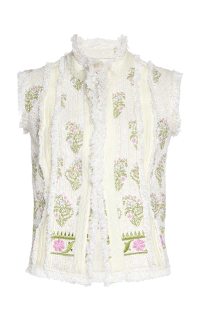 Shop Giambattista Valli Floral-embroidered Fringed Cotton-blend Tweed Vest In White