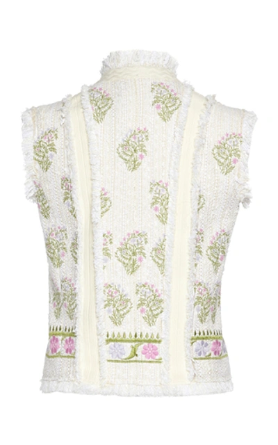 Shop Giambattista Valli Floral-embroidered Fringed Cotton-blend Tweed Vest In White