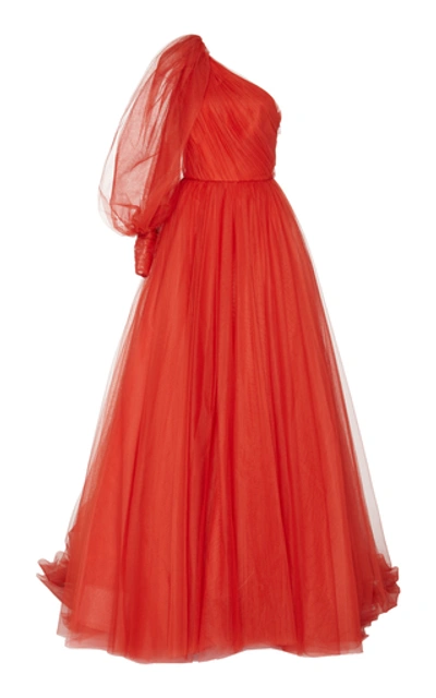 Shop Monique Lhuillier One-shoulder Tulle Ball Gown In Red