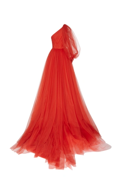 Shop Monique Lhuillier One-shoulder Tulle Ball Gown In Red