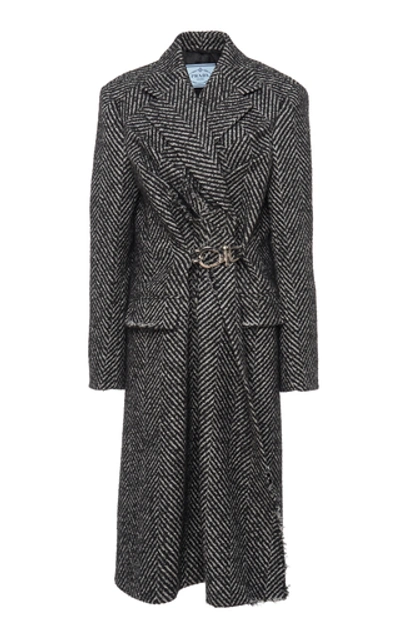 Shop Prada Belted Chevron Wool-felt Coat In Black