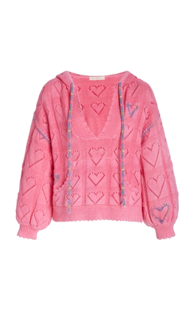 Shop Loveshackfancy Meara Pointelle-knit Cotton-terry Hooded Sweatshirt Siz In Pink