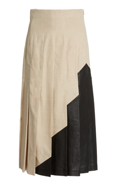 Shop Joseph Saar Leather-paneled Pleated Linen Maxi Skirt In Neutral