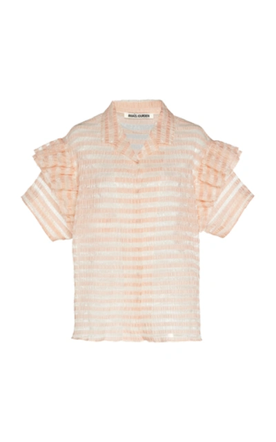 Shop Anais Jourden Ruffled Striped Lace And Plissé Top In Pink