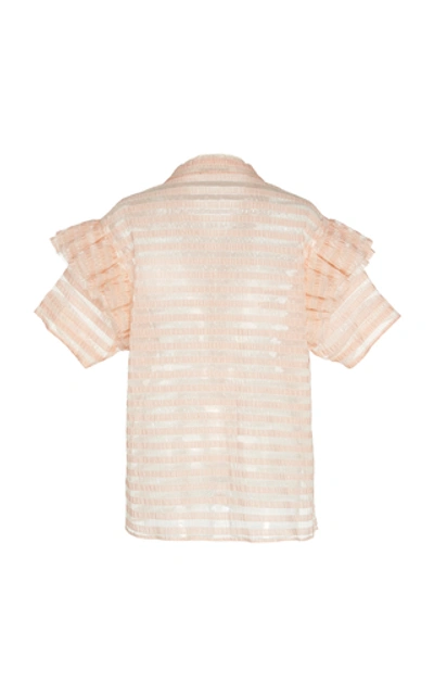 Shop Anais Jourden Ruffled Striped Lace And Plissé Top In Pink