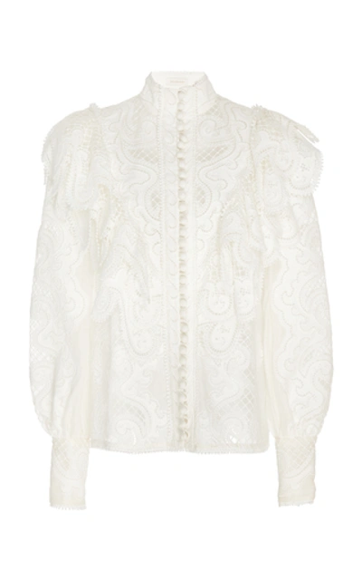 Shop Zimmermann Glassy Embroidered Linen-silk Blouse In White