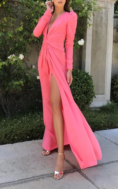 Shop Monique Lhuillier Gathered-front Crepe Gown In Pink