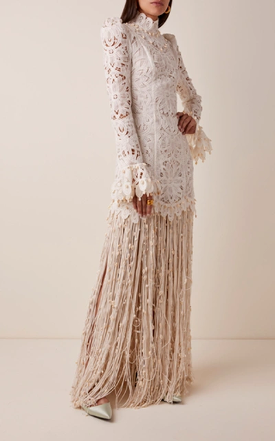 Shop Zimmermann Wavelength Fringed Lace-silk Gown In White