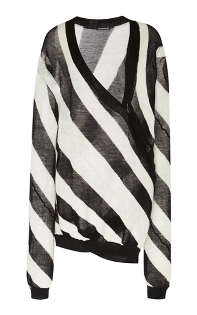 Shop Ann Demeulemeester Asymmetrical Striped Wool-knit Cardigan In Black/white