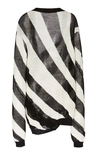 Shop Ann Demeulemeester Asymmetrical Striped Wool-knit Cardigan In Black/white