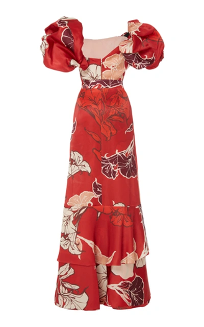 Shop Johanna Ortiz Ancestral Belonging Puff Sleeve Floral Silk Gown