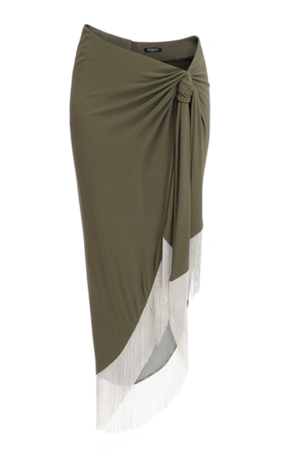 Shop Balmain Chainlink Asymmetrical Crepe Midi Skirt In Green