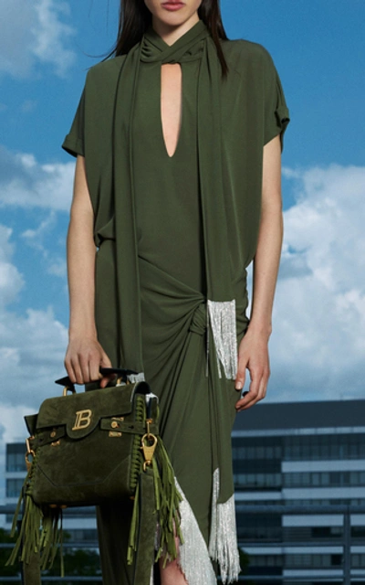 Shop Balmain Chainlink Asymmetrical Crepe Midi Skirt In Green