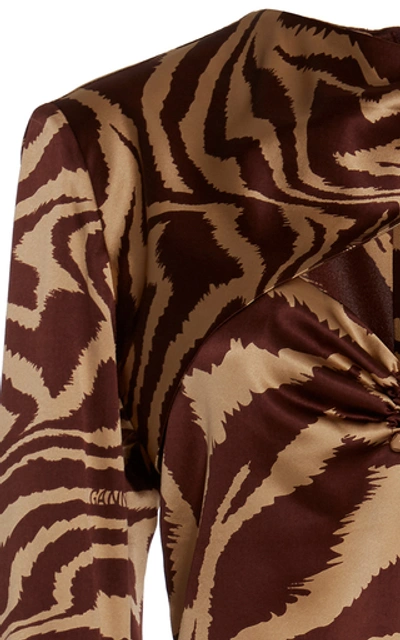 Shop Ganni Silk Stretch Satin Cutout Long Sleeve Top In Animal