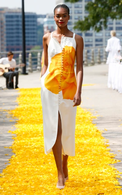 Lela Rose Floral-print Cotton-silk Button-detailed Midi Dress In Yellow