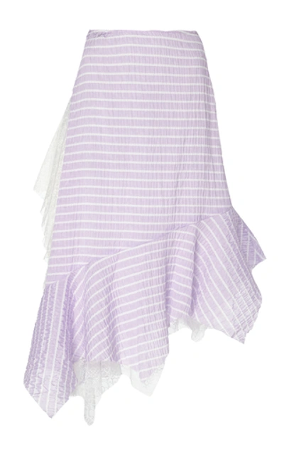 Shop Anais Jourden Asymmetric Striped Lace And Poplin Midi Skirt In Purple