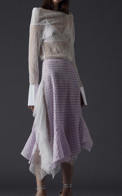 Shop Anais Jourden Asymmetric Striped Lace And Poplin Midi Skirt In Purple
