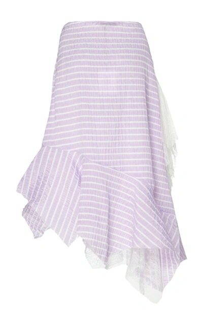 Shop Anais Jourden Asymmetric Striped Lace And Poplin Midi Skirt In Purple