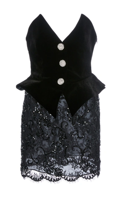 Shop Alessandra Rich Sequinned Velvet And Lace Bustier Mini Dress In Black