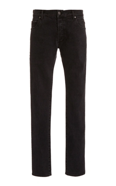 Shop Balmain Six-pocket Monogram Embossed Slim Fit Jeans In Black