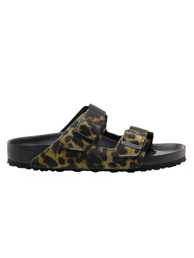 Shop Birkenstock Olive Leopard Print Slide Sandals