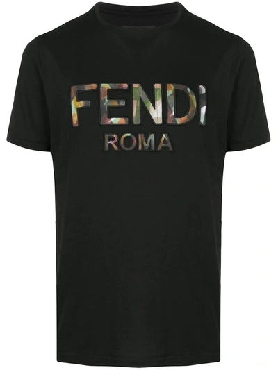 Shop Fendi Mixed Print Embroidered Logo T-shirt Black