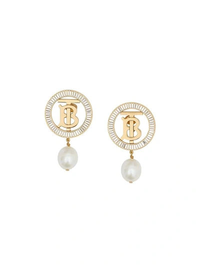 Shop Burberry Pearl Embellished Logo Clip-on Earrings In Gold