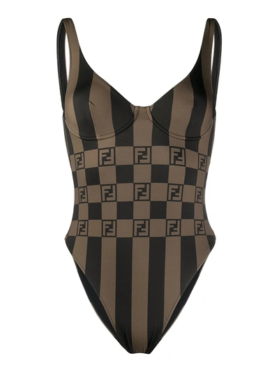 Shop Fendi Classic Ff Logo Print Bathing Suit In Brown