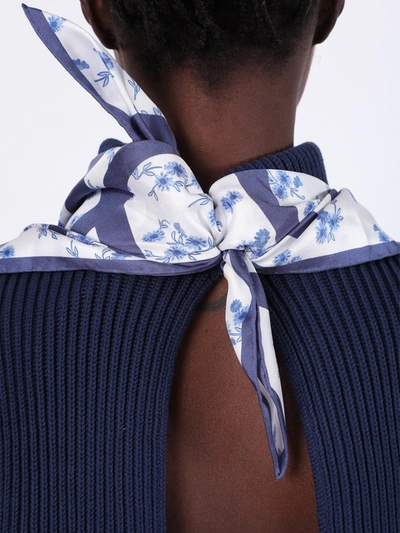 Shop Loewe Navy And White Floral Silk Scarf Sweater In Blue