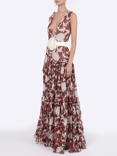 Shop Oscar De La Renta Brown And White Silk Floral Gown