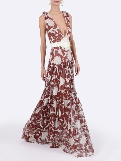 Shop Oscar De La Renta Brown And White Silk Floral Gown