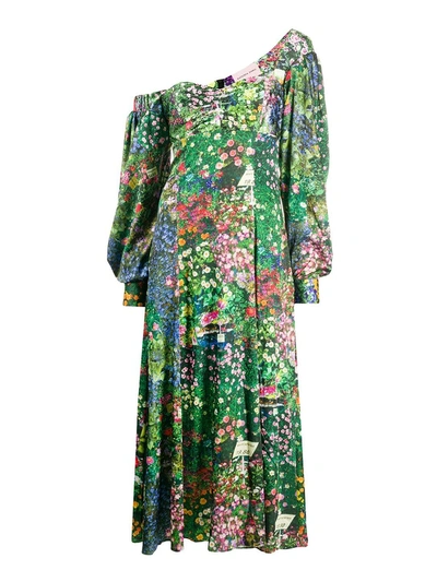 Shop Natasha Zinko Green Floral Off-shoulder Dress