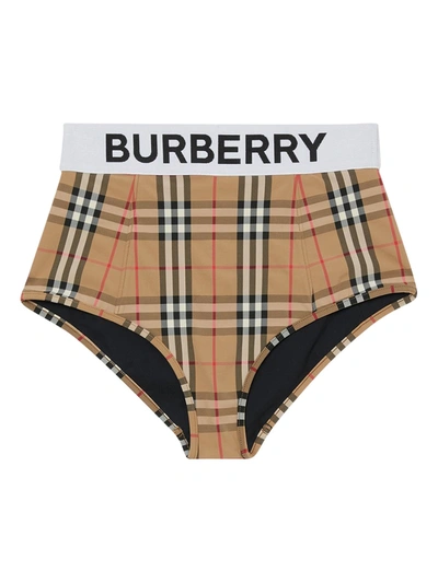 Shop Burberry Logo Tape Iconic Check Bikini Brief Bottom In Neutral