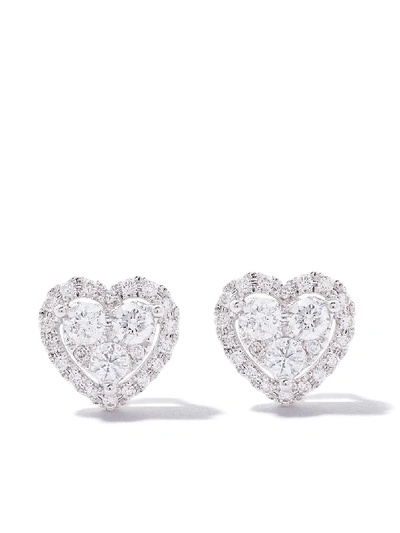 Shop As29 18kt White Gold Essentials Heart Cluster Diamond Stud Earrings In Silver