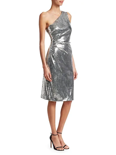 Shop Monique Lhuillier Metallic One-shoulder Sheath Dress In Silver