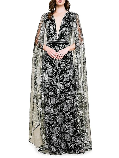 Shop Tadashi Shoji Embroidered Tulle Cape Gown In Silver Black