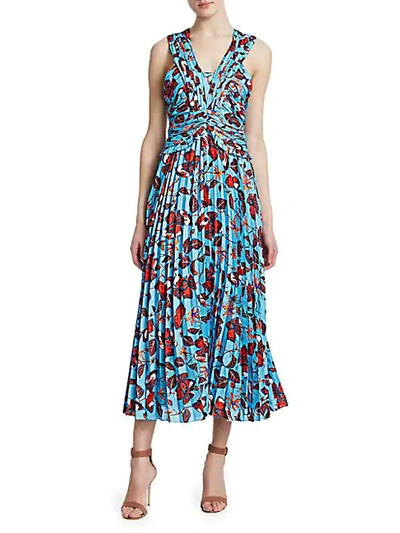 Shop Derek Lam Floral Pleated Maxi Dress In Blue