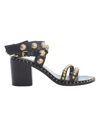 Shop Ash Sandals Heel 70 W/studs And Cross On Ankle In Black Golden St