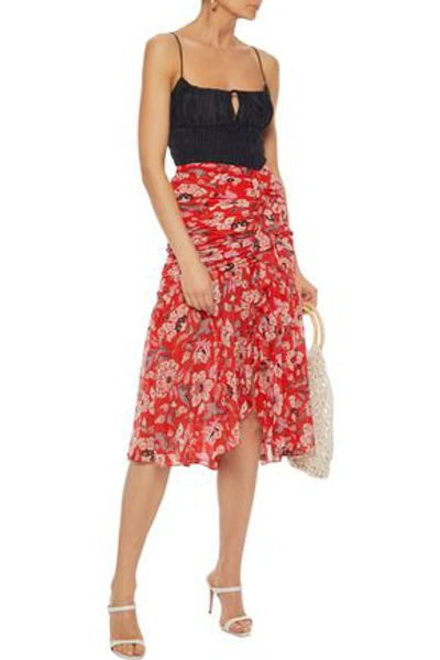 Shop Cinq À Sept Kathleen Ruched Floral-print Georgette Skirt In Tomato Red