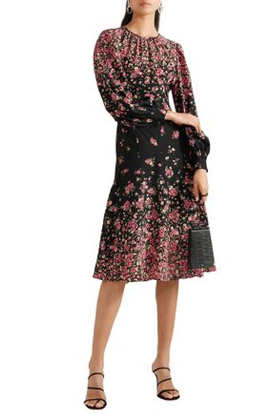 Shop Michael Kors Gathered Floral-print Silk Crepe De Chine Dress In Black