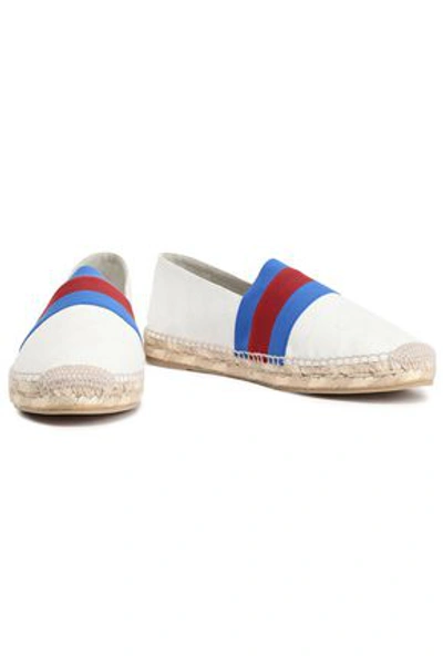 Shop Stella Mccartney Striped Logo-embellished Perforated Faux Leather Espadrilles In White