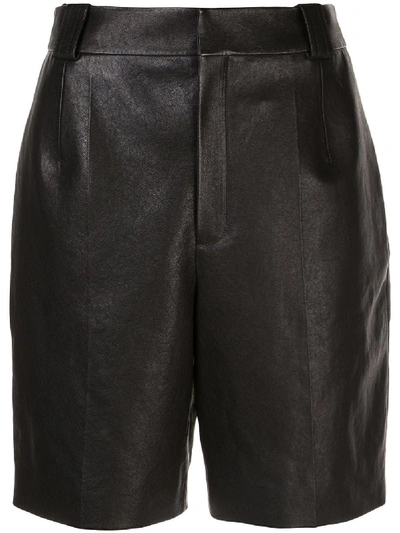 Shop Saint Laurent Pleated Detail Bermuda Leather Shorts