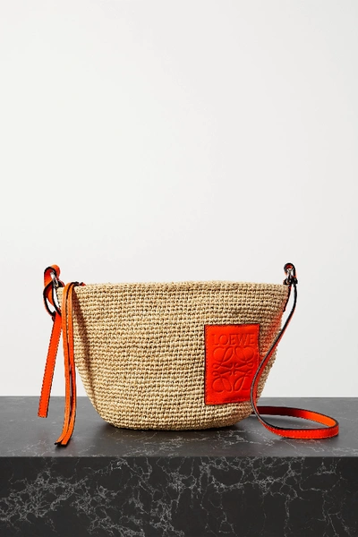 Shop Loewe Paula's Ibiza Pochette Leather-trimmed Woven Raffia Shoulder Bag In Orange