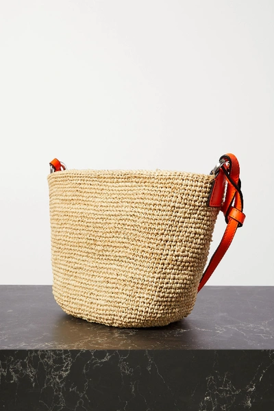 Shop Loewe Paula's Ibiza Pochette Leather-trimmed Woven Raffia Shoulder Bag In Orange