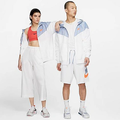 Shop Nike Men's Sportswear Colorblock Windrunner Hooded Jacket In White/indigo Fog/white/hyper Crimson